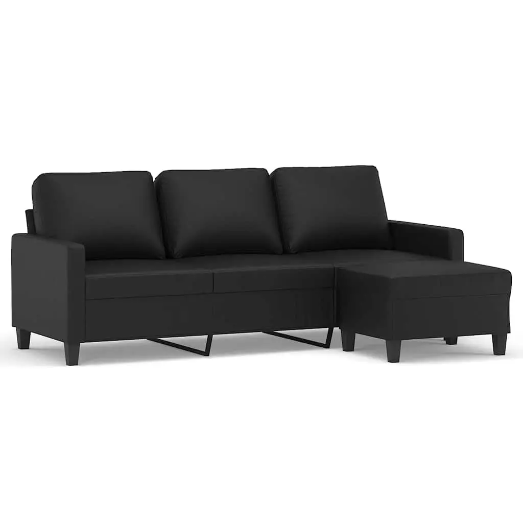 Black Faux Leather 3-Seater Sofa & Footstool