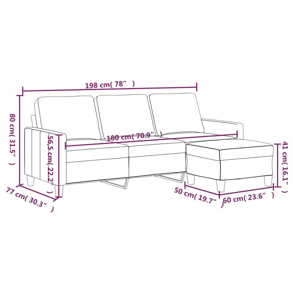 3-Seater Sofa Footstool Cream 180cm Living Room Lounge Couch Furniture