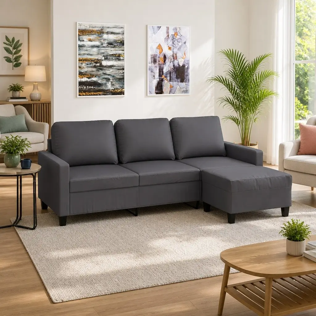 Grey 3-Seater Sofa with Footstool Included