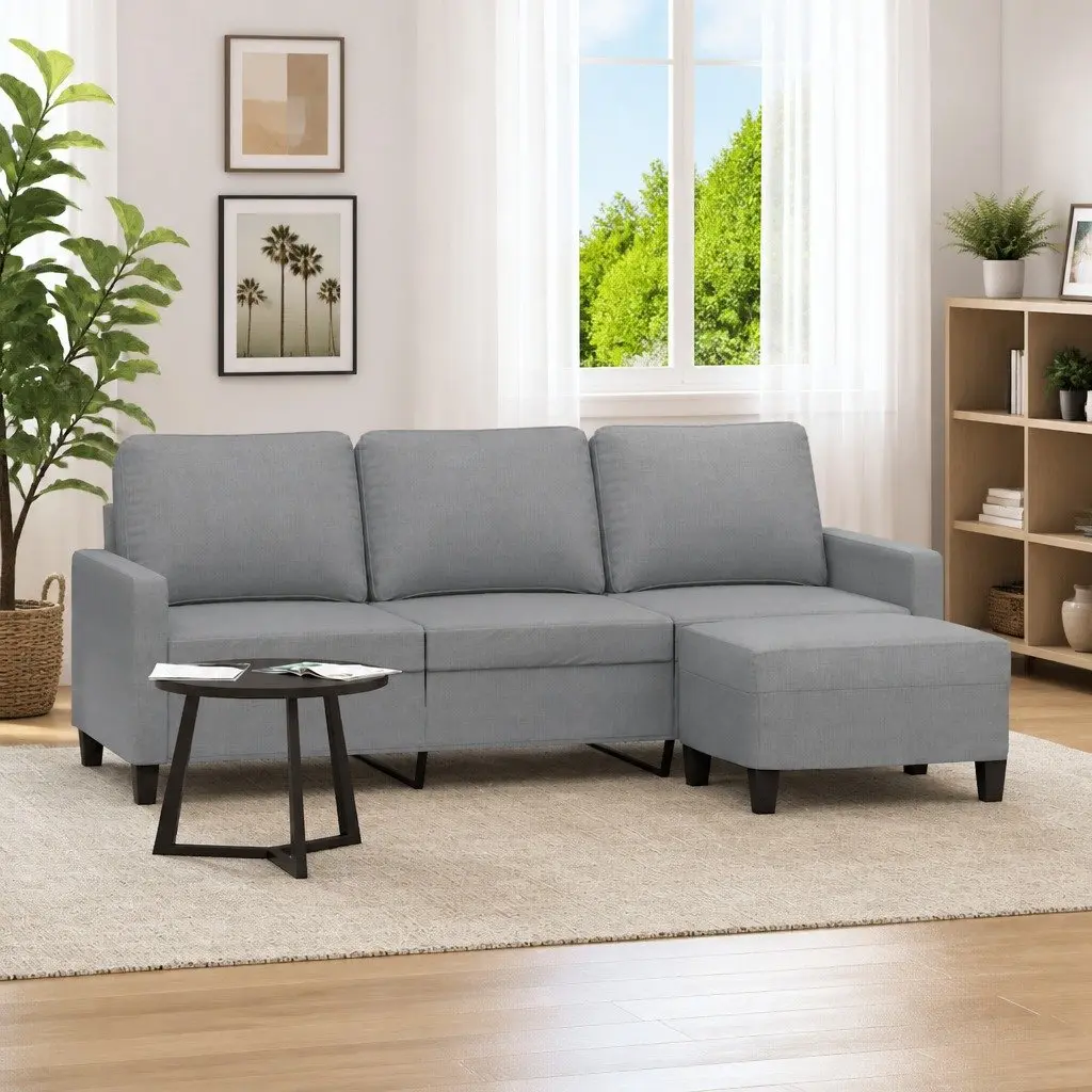 3-Seater Sofa Footstool Grey Fabric 180cm Living Room Lounge Couch