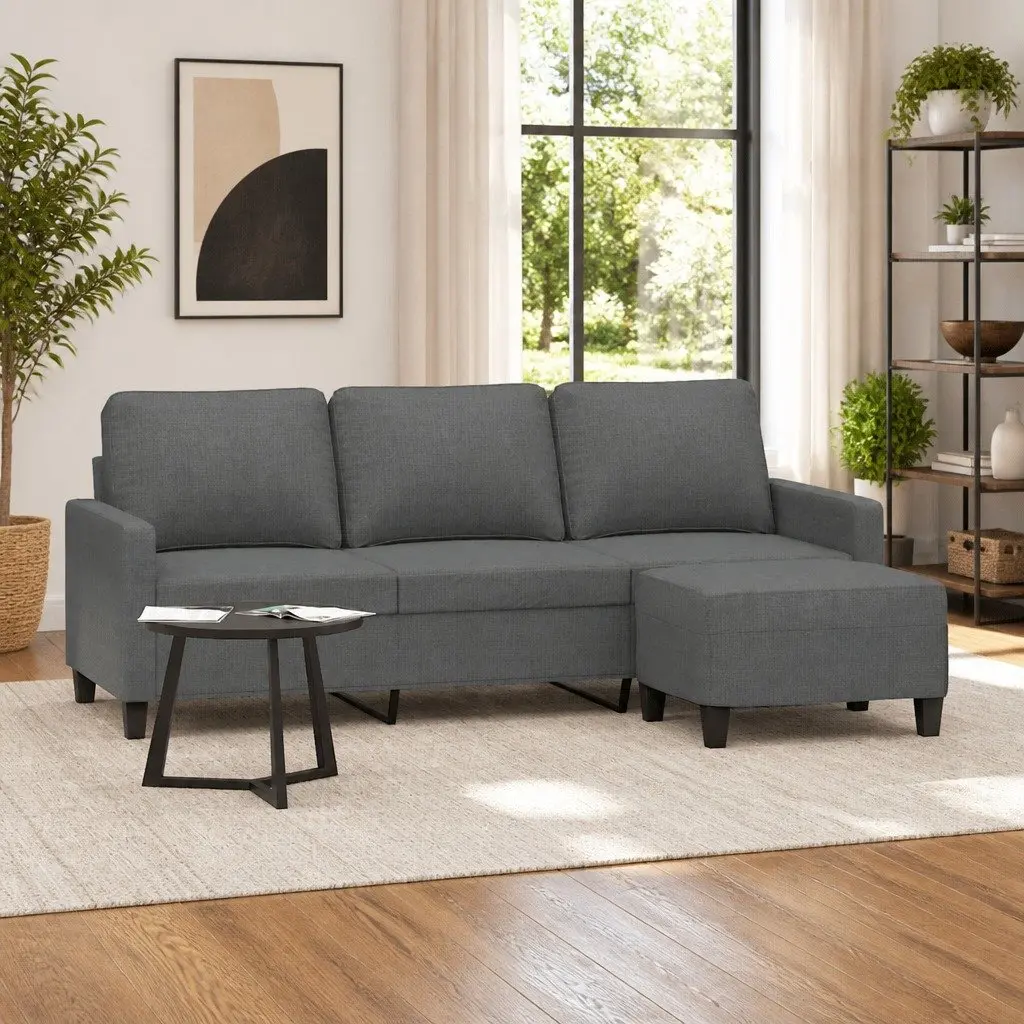 3-Seater Sofa Footstool Grey 180cm Living Room Lounge Couch Fabric Seat
