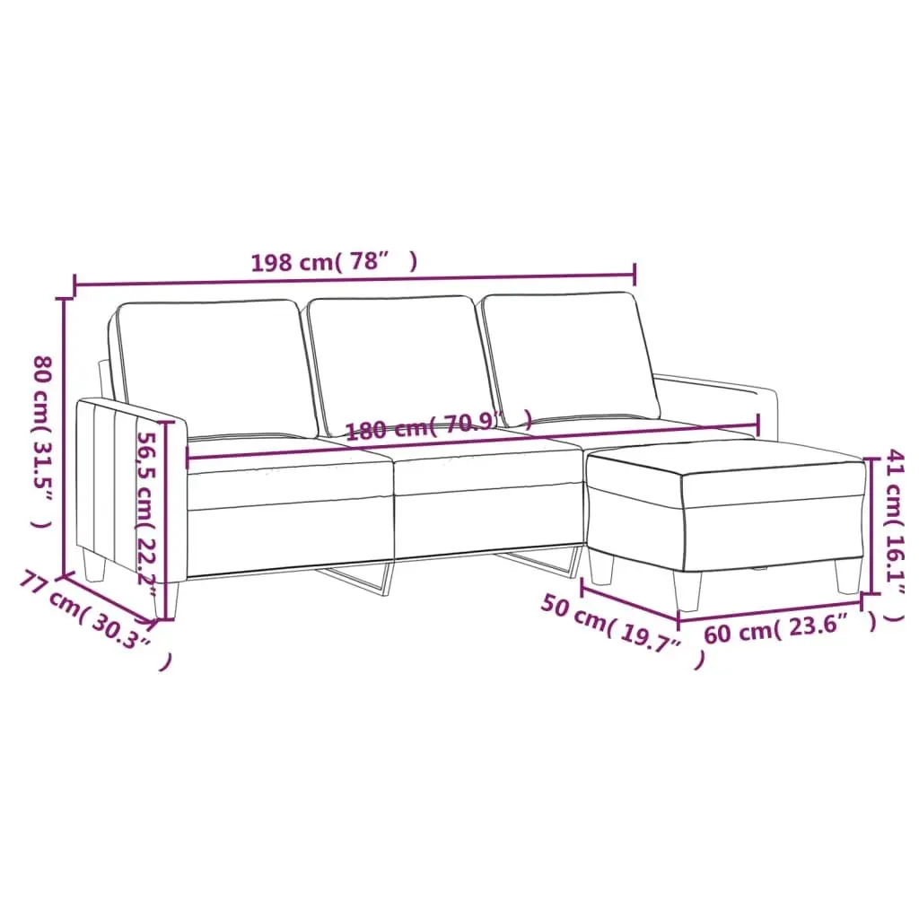 3-Seater Sofa Footstool Grey 180cm Living Room Lounge Couch Fabric Seat