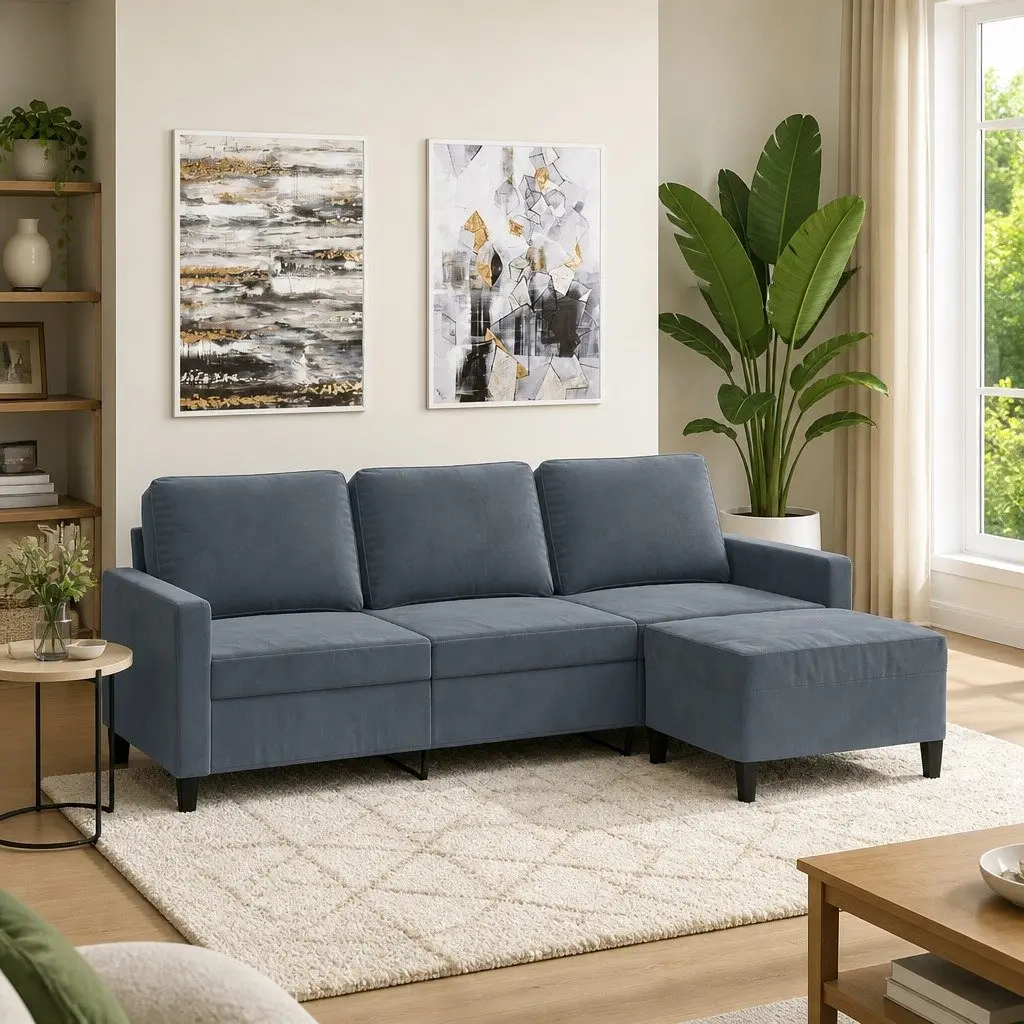 3-Seater Sofa with Footstool Grey Velvet 180cm Living Room Furniture