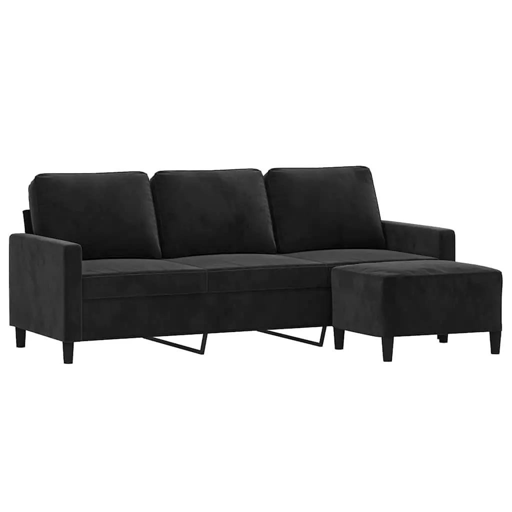 3-Seater Sofa Footstool Black Velvet 180cm Lounge Couch Living Room