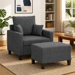 Comfortable Grey Fabric Sofa Chair & Footstool Set
