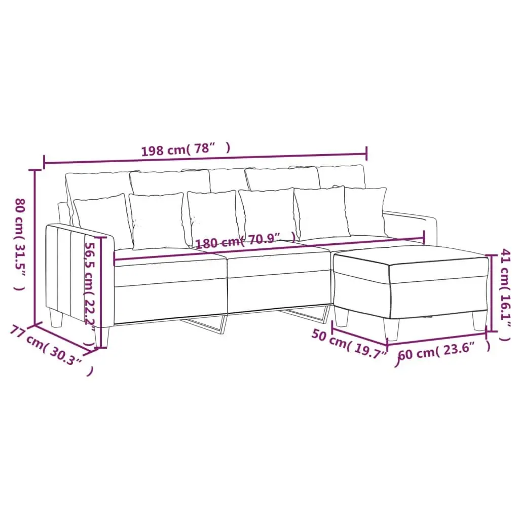 3-Seater Sofa Footstool Grey Living Room Furniture Lounge Seat 180cm
