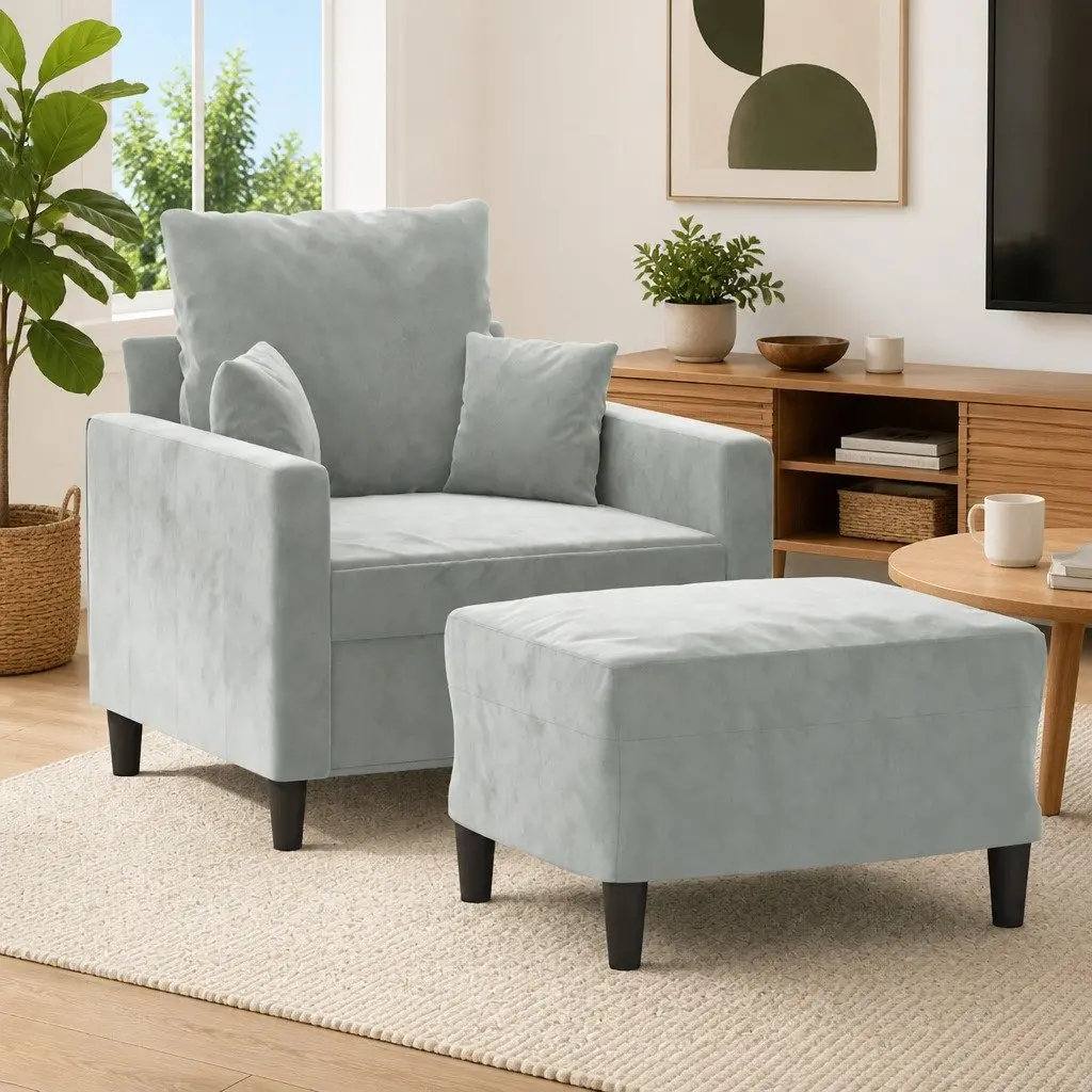 Sofa Chair Relaxing Lounge Seat Grey Velvet with Footstool Compact Size