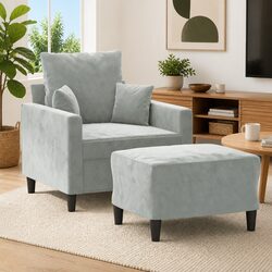 Comfortable Grey Velvet Sofa Chair with Footstool – Great Value