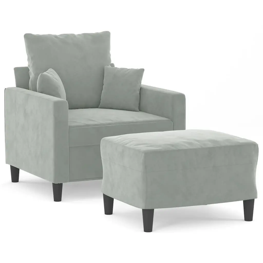 Sofa Chair Relaxing Lounge Seat Grey Velvet with Footstool Compact Size