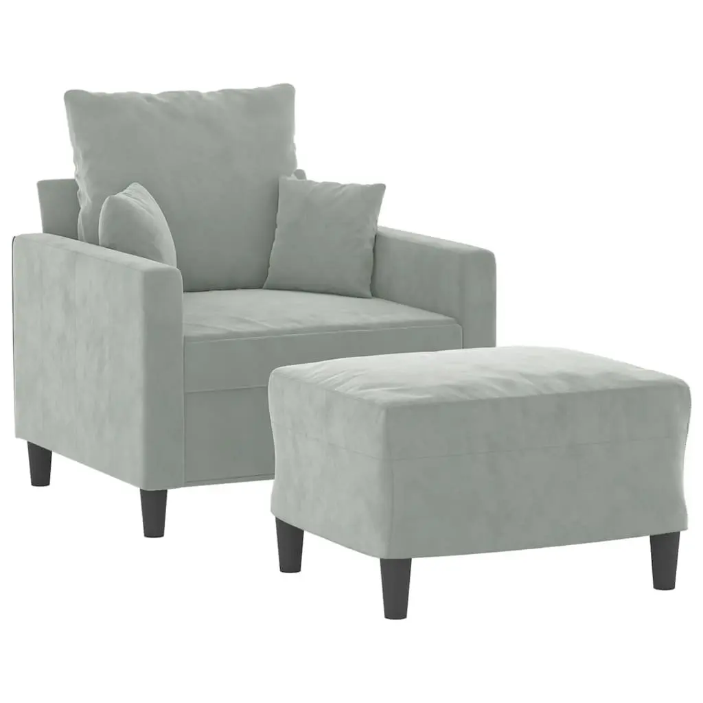 Sofa Chair Relaxing Lounge Seat Grey Velvet with Footstool Compact Size