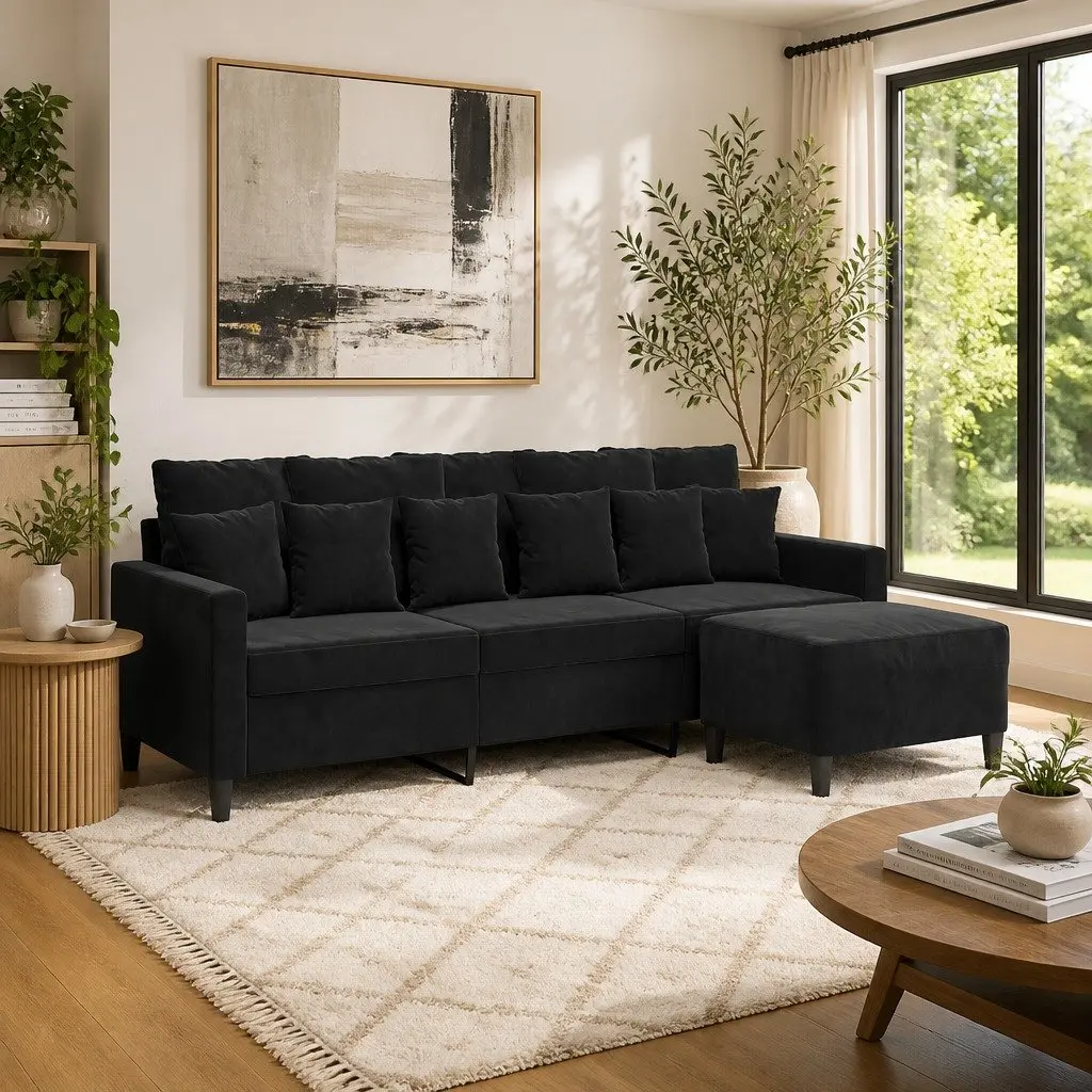 3-Seater Sofa Footstool Black 180cm Velvet Living Room Furniture