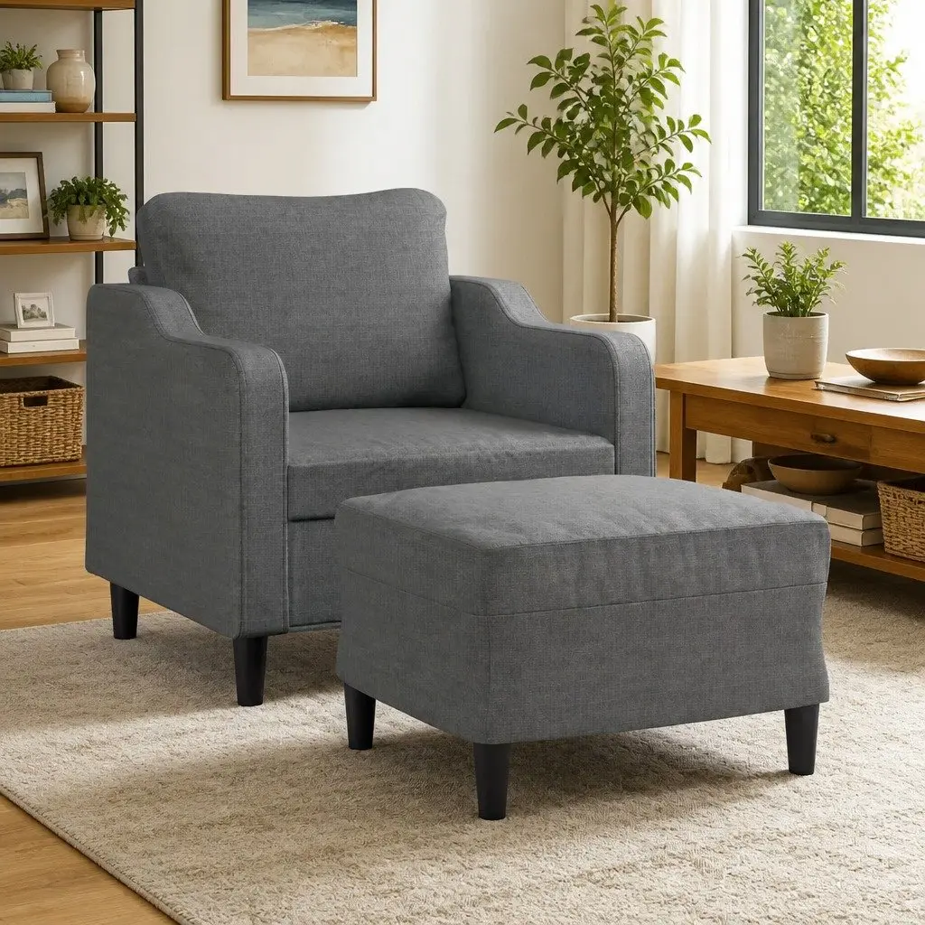 Grey Fabric Sofa Chair with Footstool Set