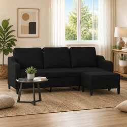 Comfortable Black 3-Seater Sofa with Matching Footstool