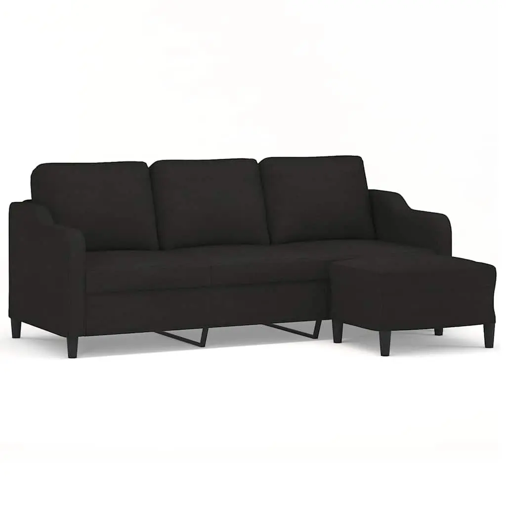 3-Seater Sofa Footstool Black 180cm Living Room Furniture Fabric Lounge