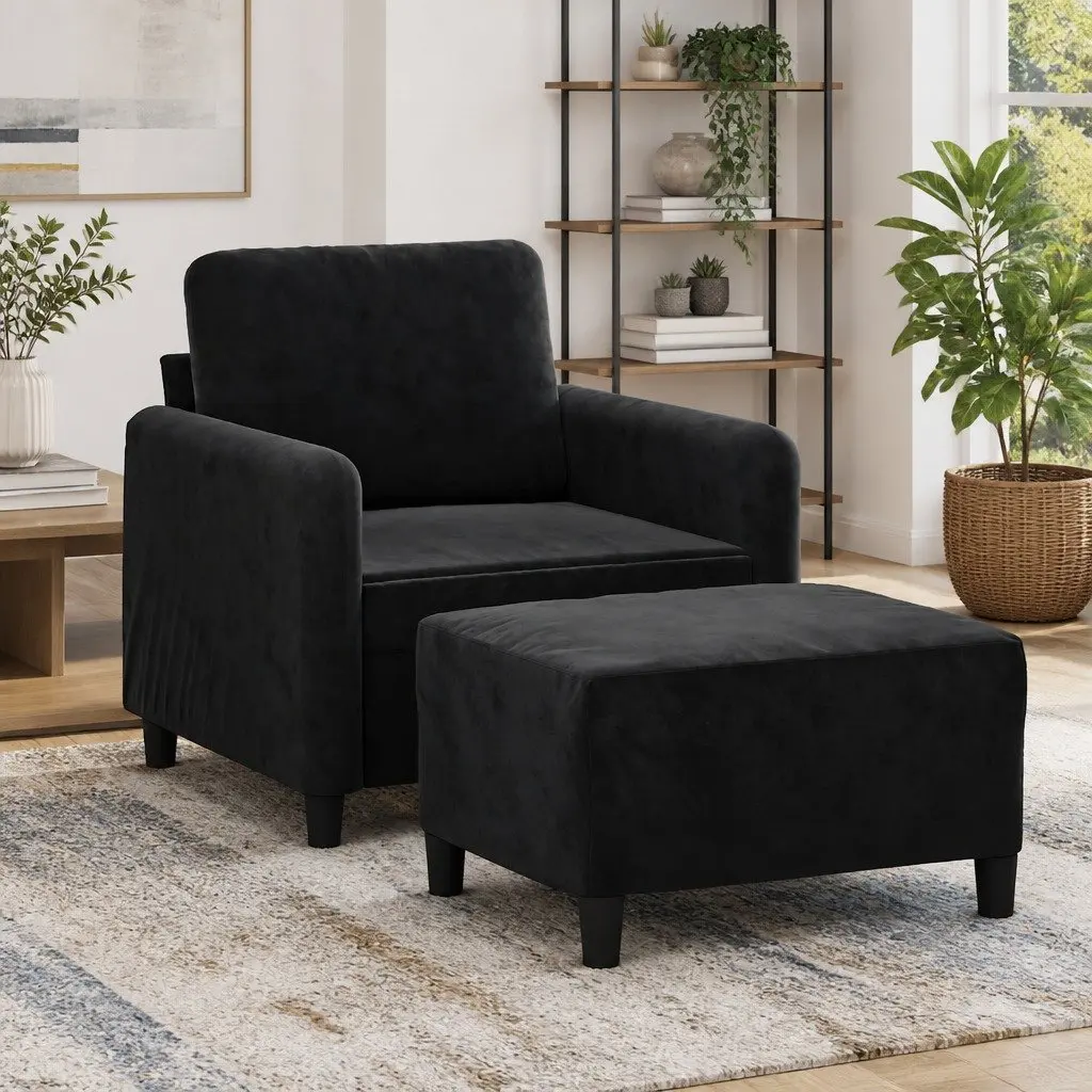 Sofa Chair Black Velvet Compact Armchair Lounge Seat 60cm with Footstool