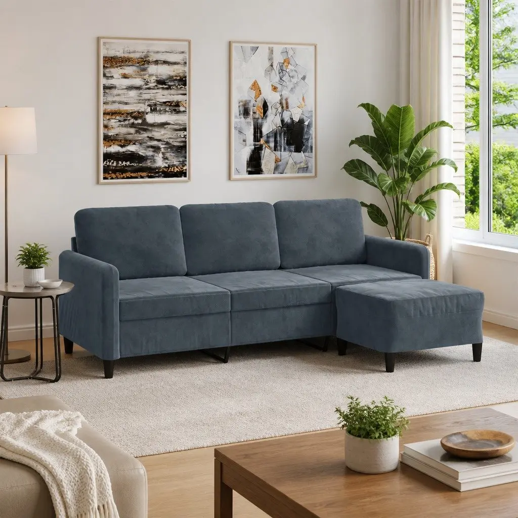 3-Seater Sofa with Footstool Grey Velvet Living Room Furniture 180cm