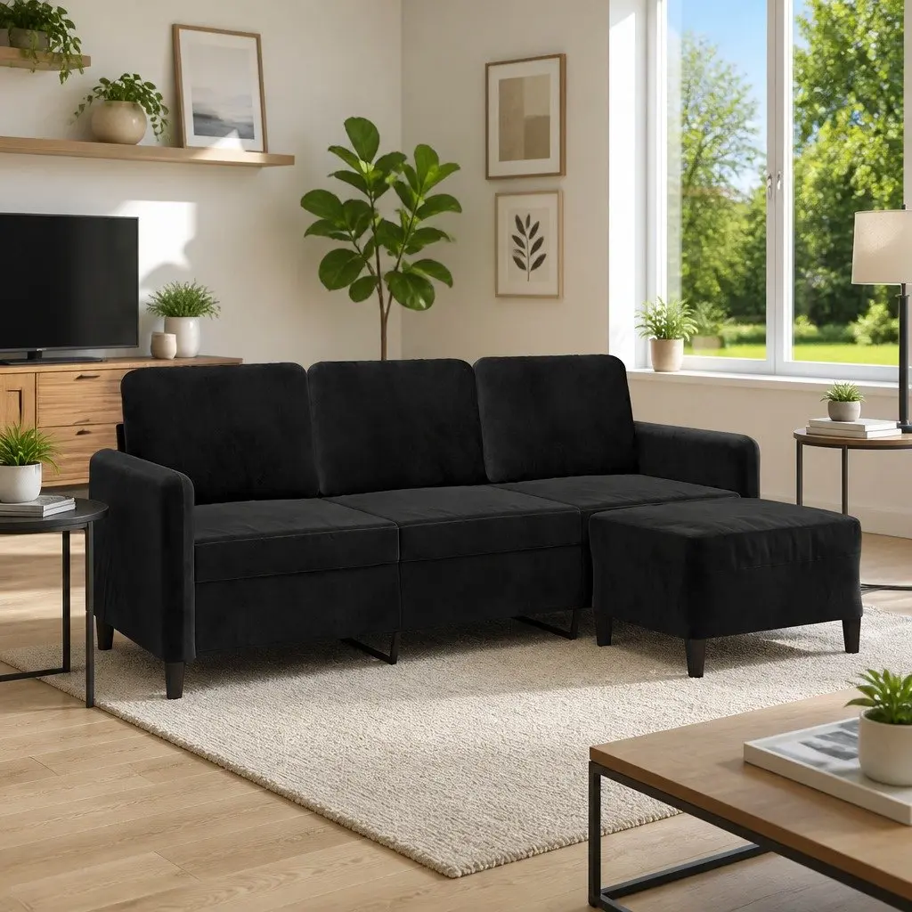 3-Seater Sofa Footstool Black 180cm Living Room Furniture Lounge Settee