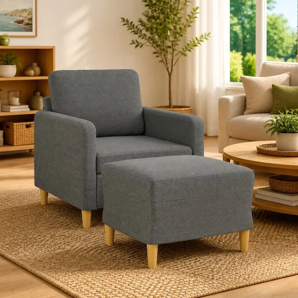 Sofa Chair Footstool Lounge Seat Grey Fabric 60cm
