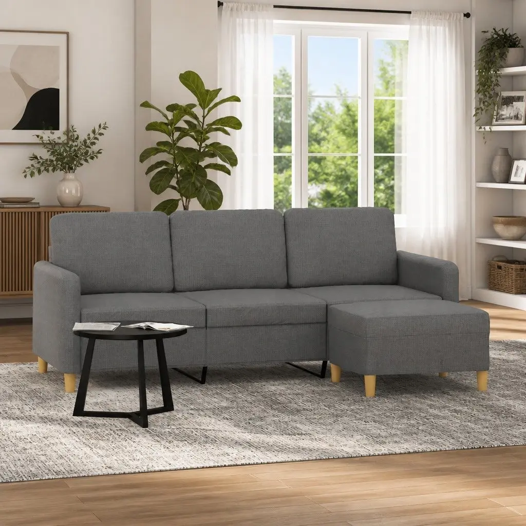 3-Seater Sofa with Footstool Grey 180cm Living Room Fabric Couch Lounger
