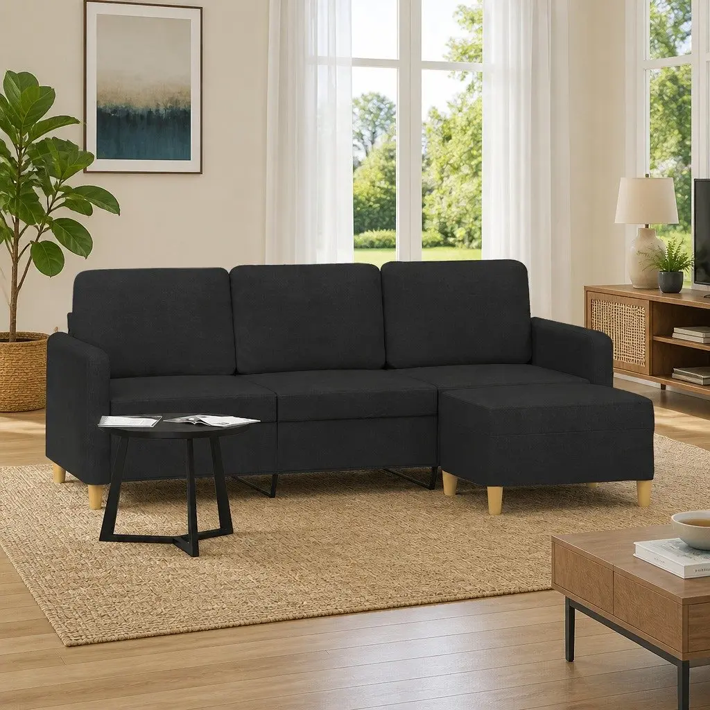 3-Seater Sofa with Footstool Black 180cm Fabric Lounge Couch Living Room