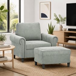 Comfortable Grey Velvet Lounge Chair with Footstool