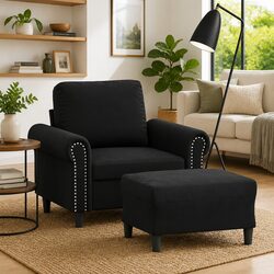 Comfortable Black Velvet Sofa Chair and Footstool Set for Relaxation
