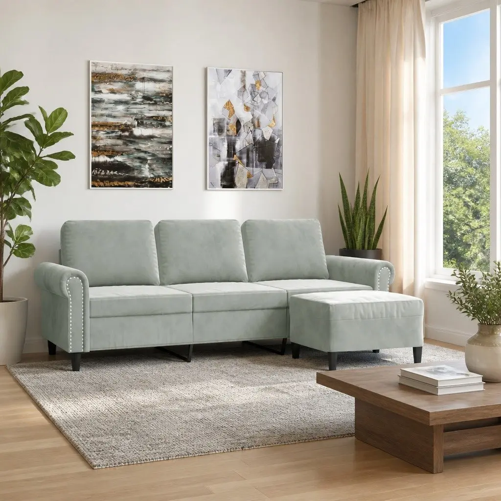 3-Seater Sofa Footstool Lounge Couch 180cm Grey Velvet