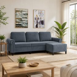 Welcoming Grey Velvet 3-Seater Sofa with Footstool