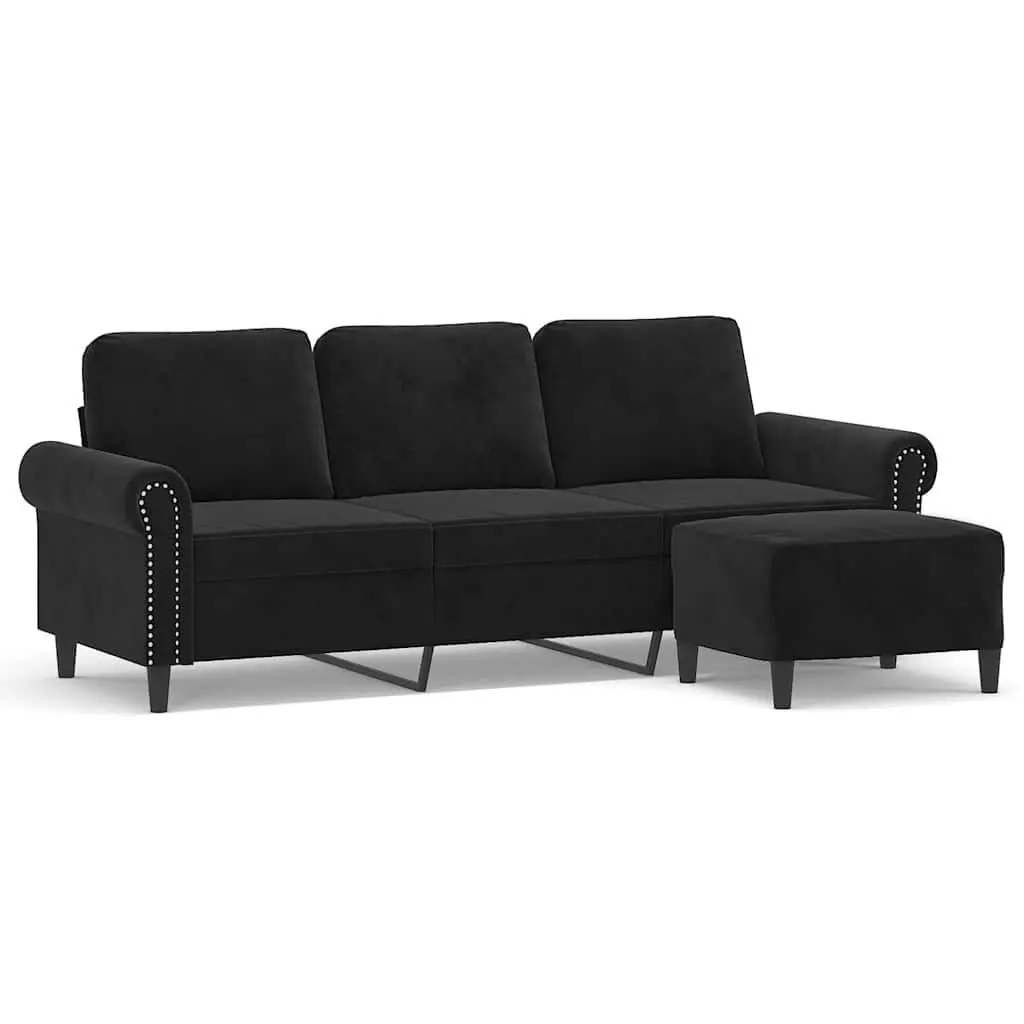 3-Seater Sofa Footstool Black Velvet 180cm Living Room Lounge Couch