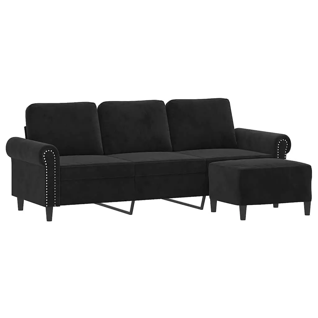 3-Seater Sofa Footstool Black Velvet 180cm Living Room Lounge Couch
