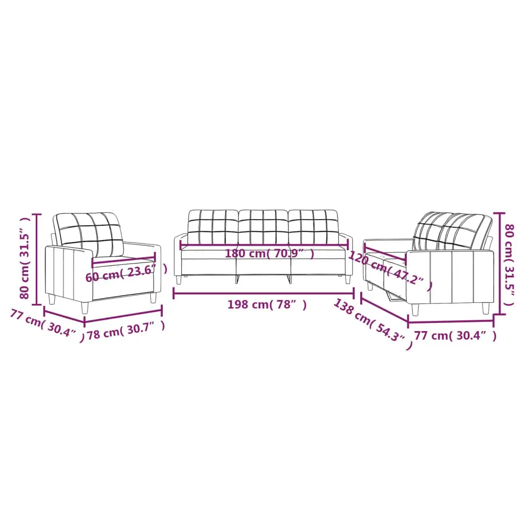 3 Piece Sofa Set Grey Fabric Living Room Seating
