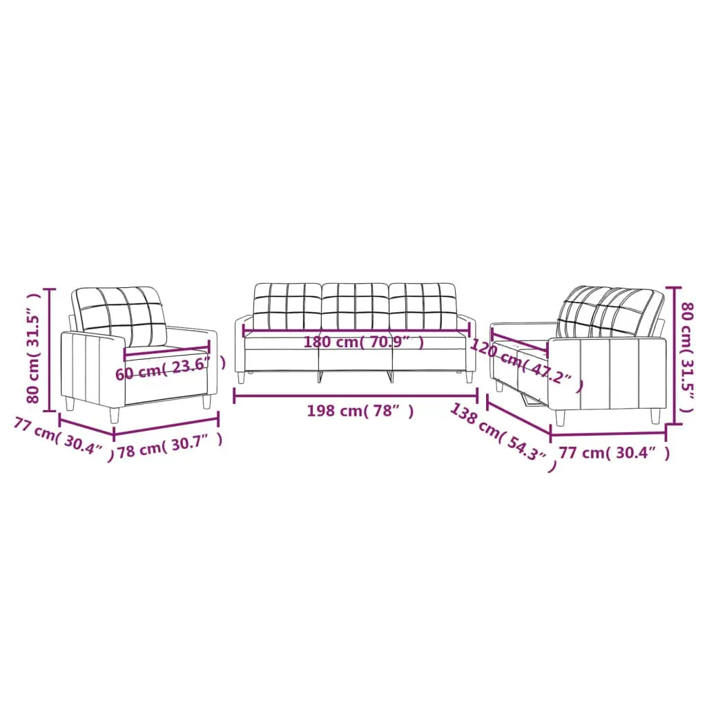 3 Piece Sofa Set Black Fabric Living Room Furniture Lounge Couch with Cushions