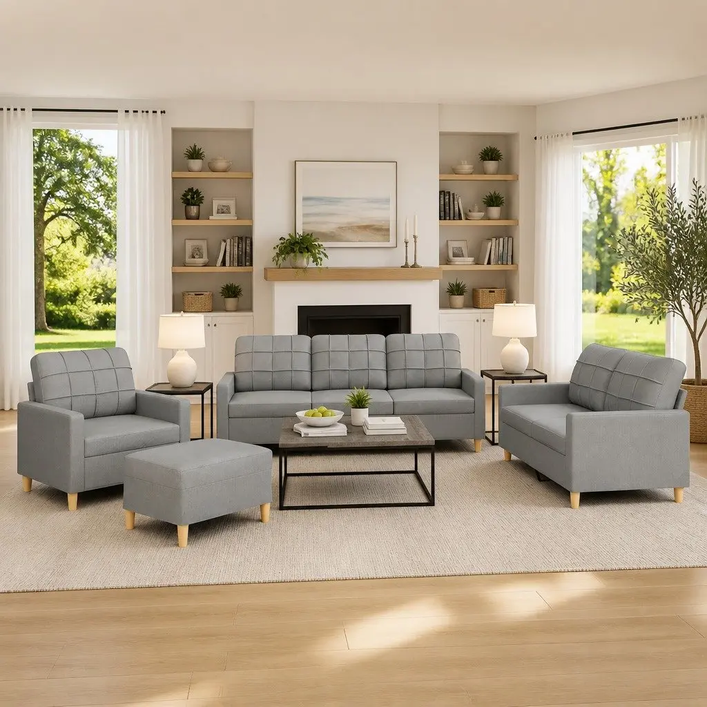Sofa Set 4 Piece Grey Fabric Lounge Suite with Cushions and Footstool Living Room