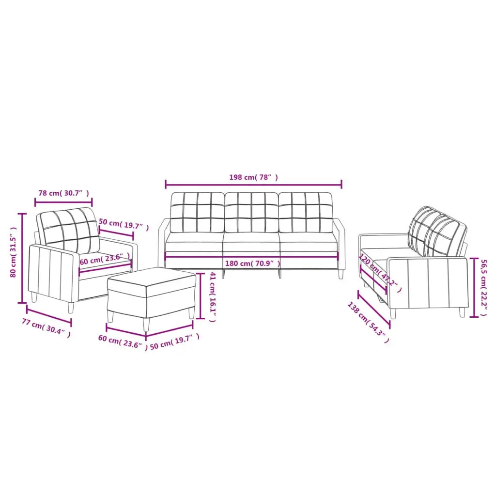Sofa Set 4 Piece Grey Fabric Lounge Suite with Cushions and Footstool Living Room