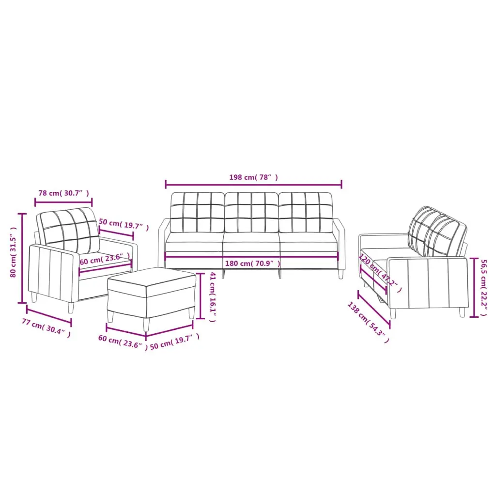 Sofa Set Living Room Furniture Grey Fabric 4 Piece with Cushions and Footstool