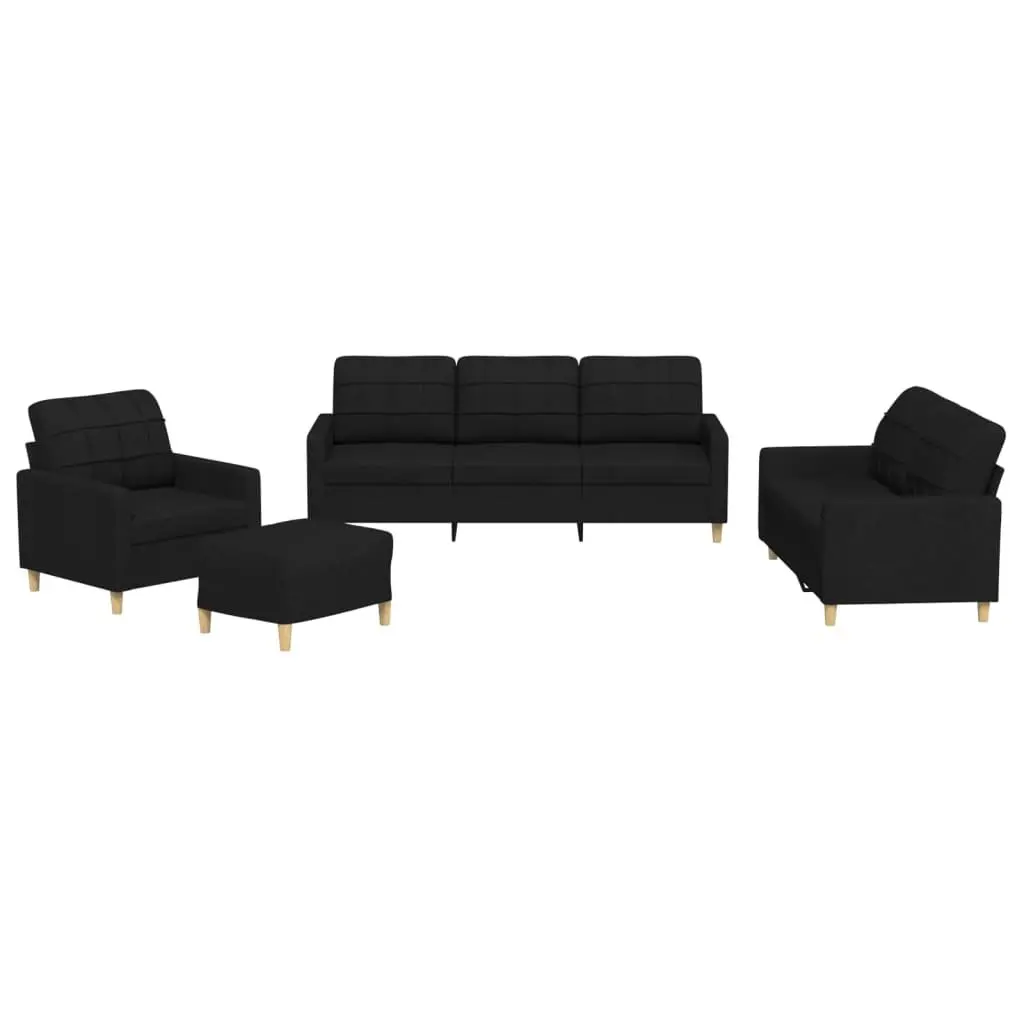 Sofa Set Black Fabric Living Room Lounge 4 Piece with Cushions and Footstool
