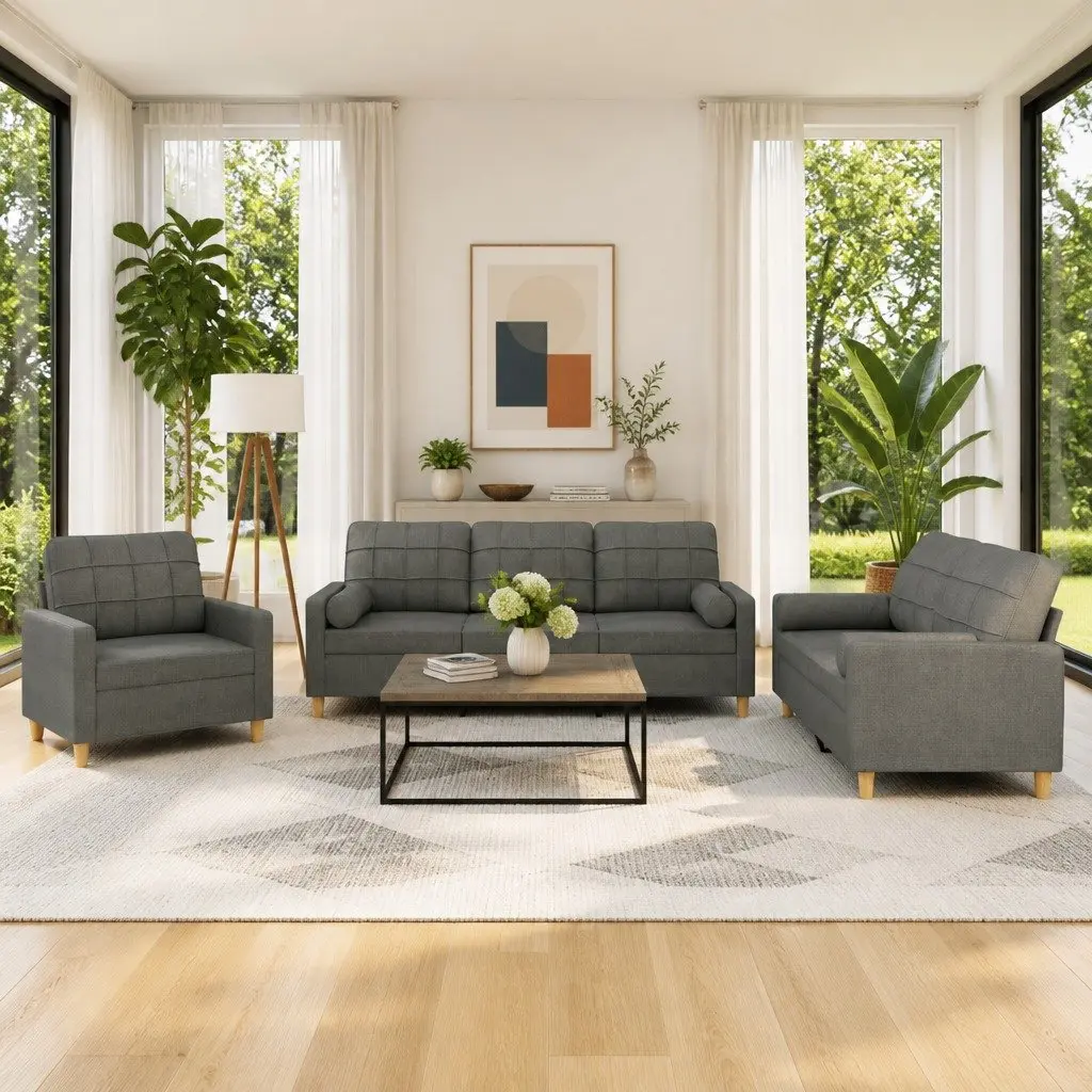 3 Piece Sofa Set Grey Fabric Couch Lounge Suite