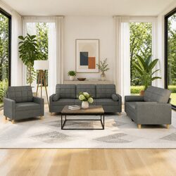 3 Piece Sofa Set Grey Fabric Couch Lounge Suite with Pillows Living Room