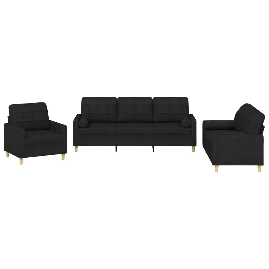 Black Fabric Sofa Set 3 Piece Living Room Sectional with Armrests and Pillows