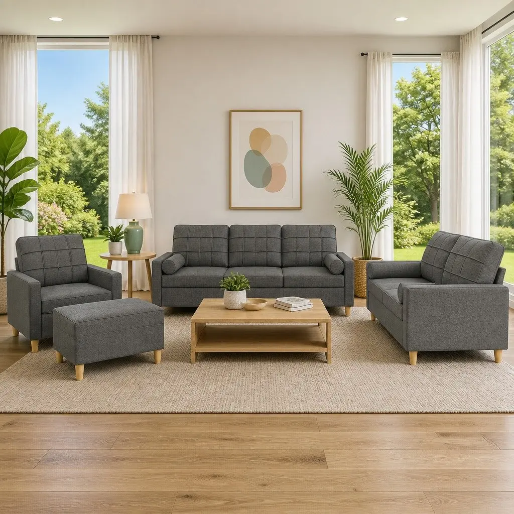 4 Piece Sofa Set Grey Fabric Lounge with Pillows Footstool
