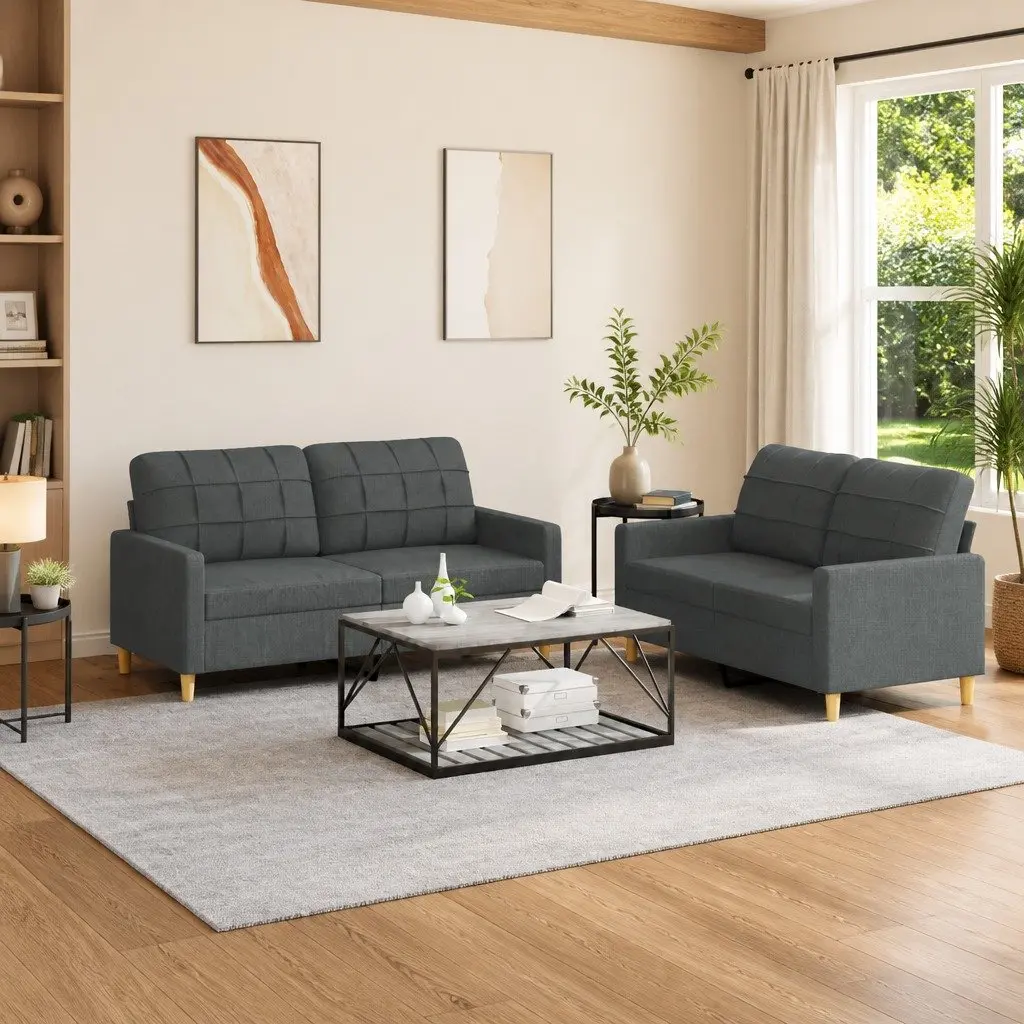 2 Piece Sofa Set Grey Fabric Lounge Suite Armchairs Living Room Seating