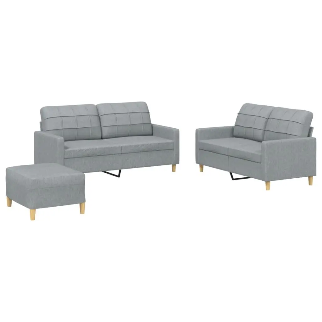 3 Piece Sofa Set Grey Fabric Couch for Living Room with Footstool