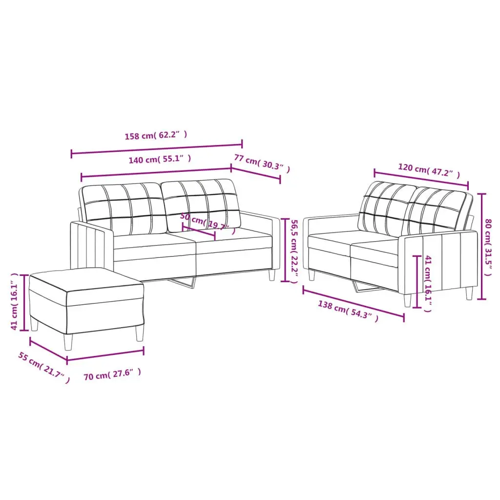 3 Piece Sofa Set Grey Fabric Couch for Living Room with Footstool