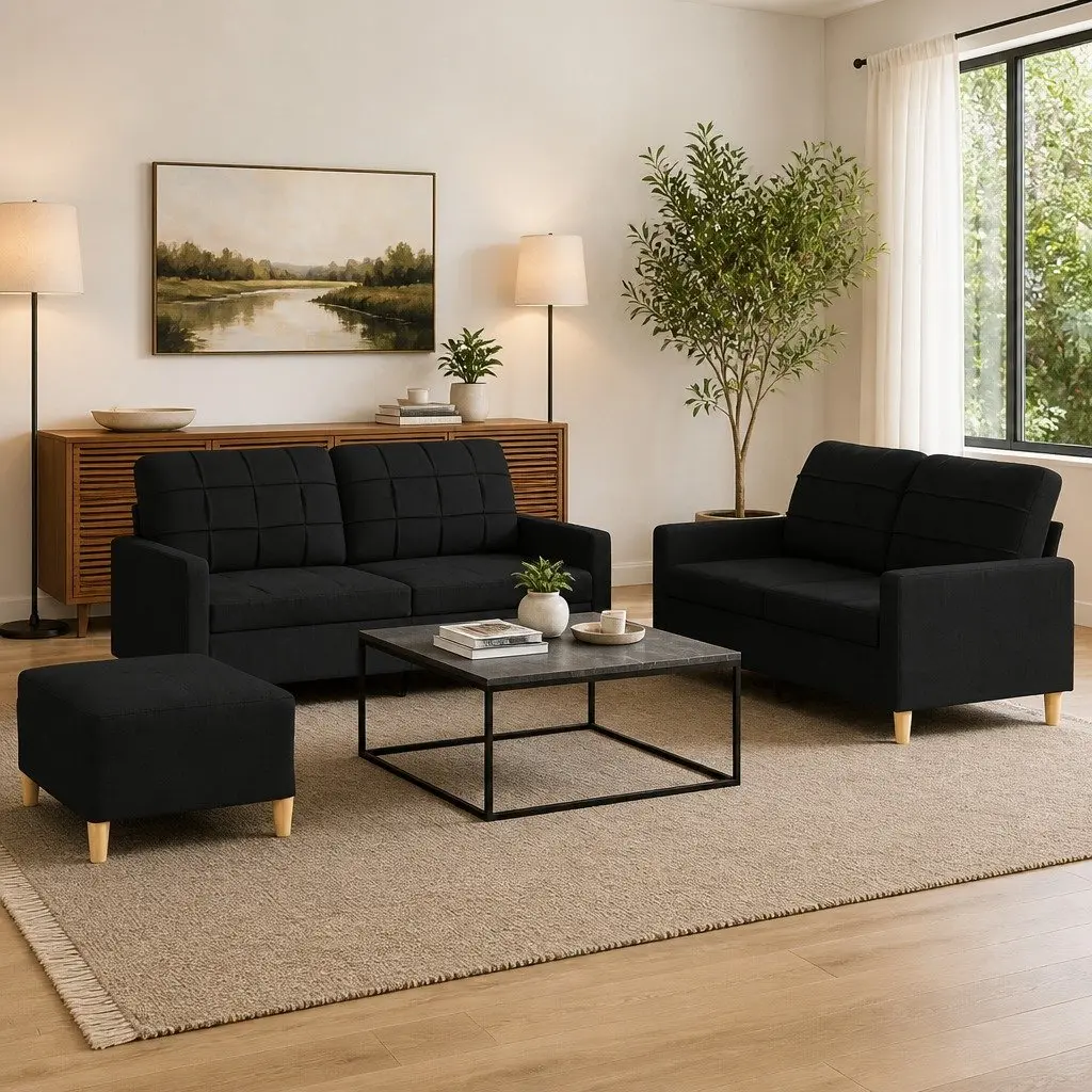 3 Piece Sofa Set Black Fabric Living Room Lounge Suite Seating