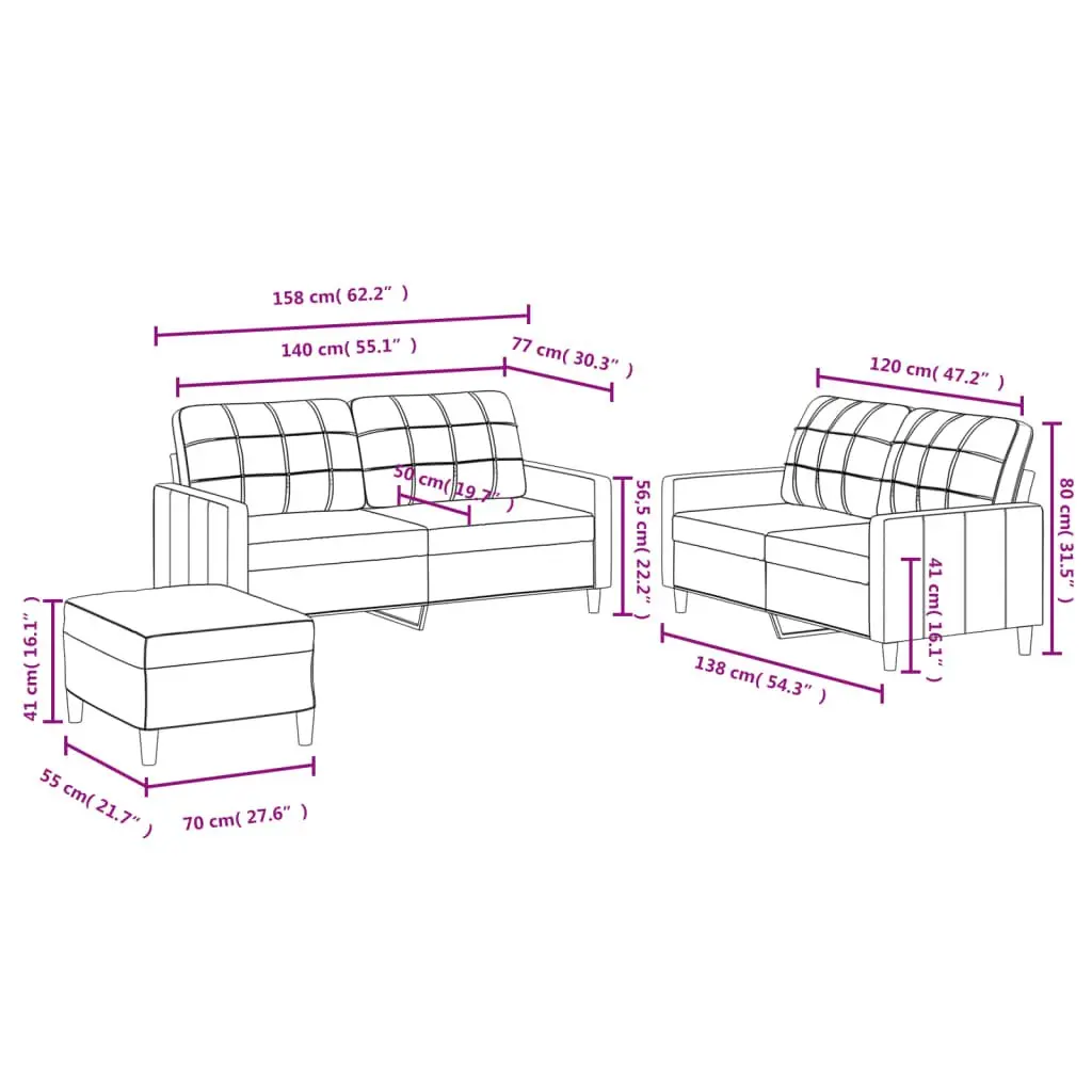 3 Piece Sofa Set Black Fabric Living Room Lounge Suite Seating