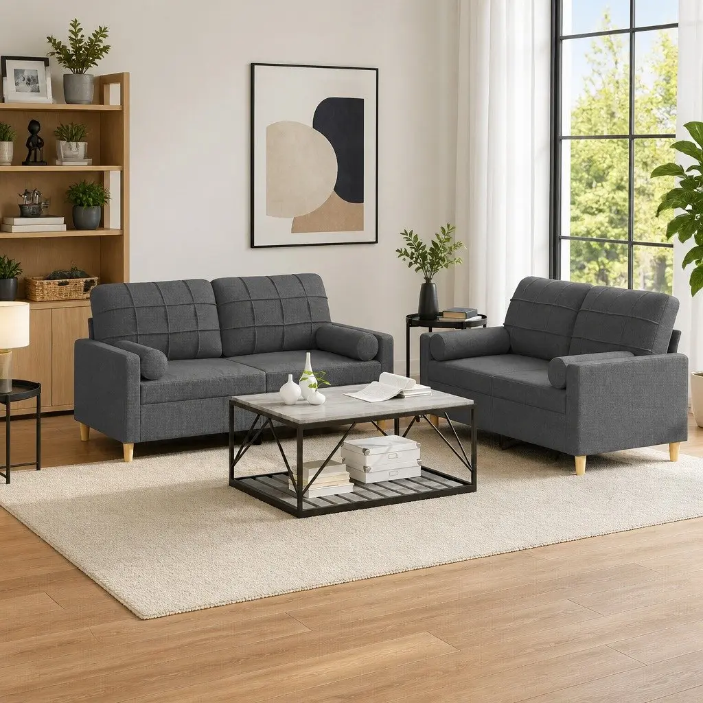 Sofa Set Grey Fabric Couch Living Room Furniture 2 Piece