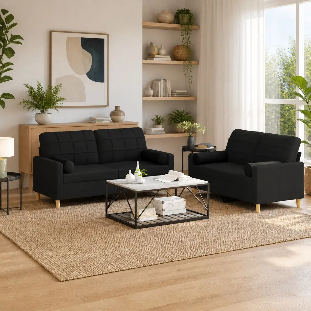 2 Piece Sofa Set Black Fabric Couch Lounge Seating