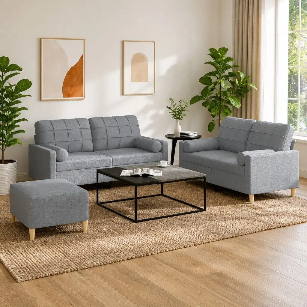 3 Piece Sofa Set Grey Fabric Living Room Lounge Suite with Footstool and Pillows