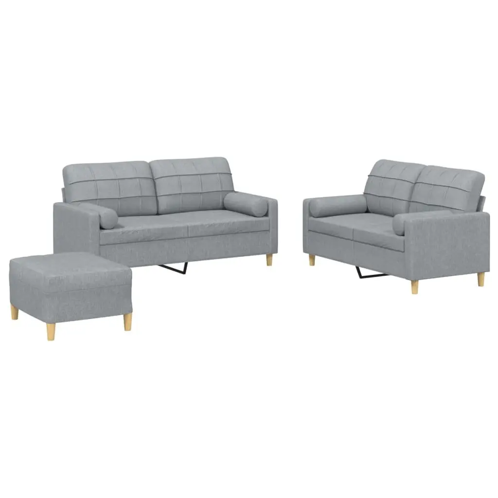 3 Piece Sofa Set Grey Fabric Living Room Lounge Suite with Footstool and Pillows