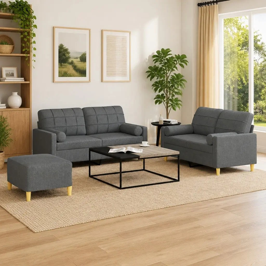 Sofa Set Living Room Seating 3 Piece Grey Fabric Couch with Pillows Footstool